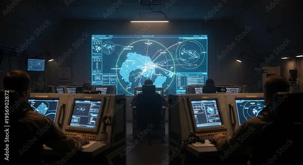 Naklejka premium A dimly lit command center with multiple screens displaying global data and personnel working at consoles.
