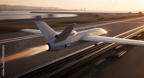 A futuristic unmanned aerial vehicle with a powerful jet engine ignites its exhaust as it accelerates down a runway at sunset.