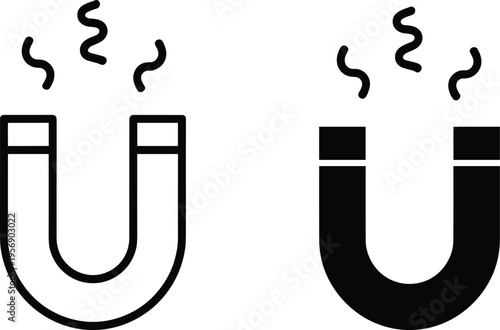 U-shaped horseshoe magnet icons with magnetic field lines, minimalist black and white vector set, physics magnetism symbols for science education projects, Adobe Stock