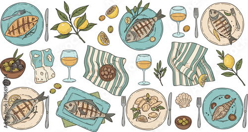 Mediterranean Seafood Meal Set with Grilled Fish, Wine, Olives, and Fresh Lemons Healthy Eating Illustration Collection