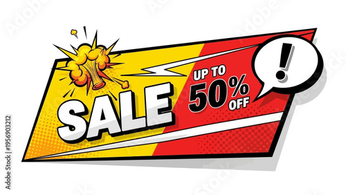 Vibrant comic book style sale banner with an explosive design, perfect for announcing special discounts and limited-time promotional offers on products