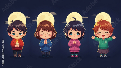Cute Chibi Children Expressing Sadness and Joy under Full Moon
