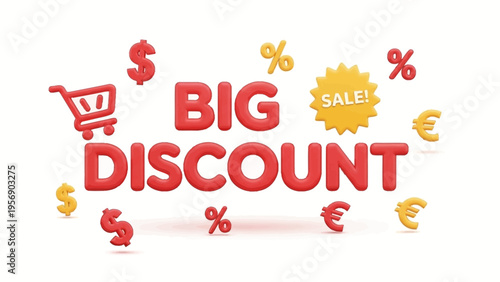 Huge Sale Event - Big Discount with Shopping Cart and Currency Symbols, Special Offer