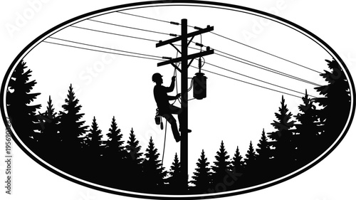 Utility worker silhouette illustration, power line climbing artwork, electrical repair drawing, rural infrastructure design, forest background element, essential service graphic