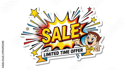Dynamic Sale Promotion Sticker with Cheerful Cartoon Character and 'Limited Time Offer' Message, Perfect for Discount Announcements