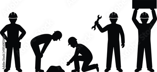Construction workers silhouette set with engineers, manual laborers, builders wearing hard hats, holding tools, lifting boxes, and working on industrial site