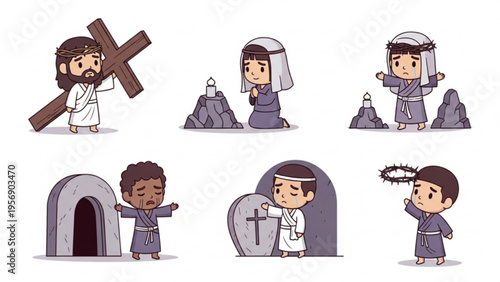 Set of Cute Biblical Cartoon Characters for Easter and Holy Week