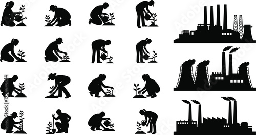 Gardening people planting trees and industrial factory silhouettes set for environment conservation sustainability versus pollution climate change concept vector illustration collection