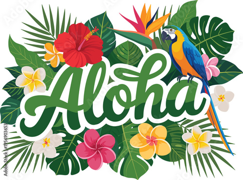 Vector illustration of tropical aloha lettering surrounded by exotic flowers like hibiscus and plumeria palm leaves and a colorful blue and yellow macaw parrot