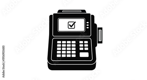 Black and white illustration of a point of sale system with a checkmark