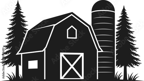 Farm barn silhouette with silo and pine trees rural farmhouse landscape vector illustration icon for agriculture ranch organic food country living