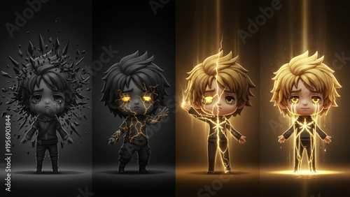 Transformation Sequence of a Chibi Character from Dark to Golden Light