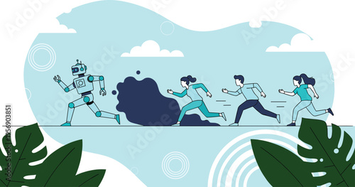 Teamwork concept illustration showing people pulling rope together in tug of war representing collaboration competition strategy and group effort in modern flat design