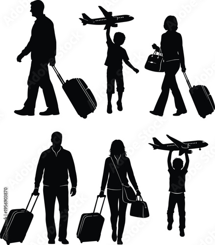 Travelers silhouettes with luggage and airplane featuring people walking carrying bags and child playing with plane for travel and tourism design illustration
