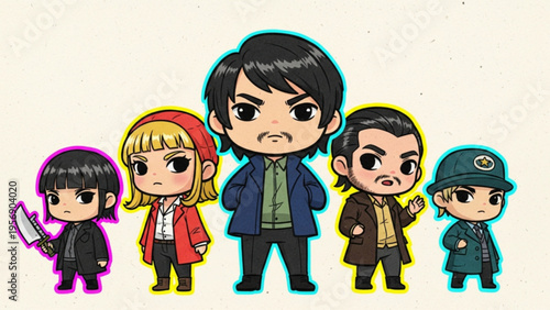 Set of Five Chibi Anime Gangster Characters