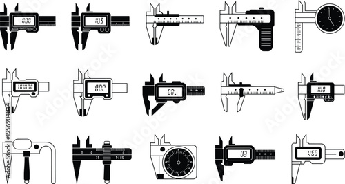 Vernier caliper measuring tool icon collection, precision engineering measurement instruments set isolated on light background vector