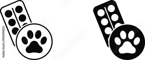 Veterinary medicine icons featuring pet paw prints and medical blister packs representing animal healthcare, pharmaceutical treatments, pet pharmacy, and veterinary