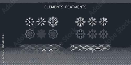 Geometric floral and wave patterns in grayscale design elements showcase