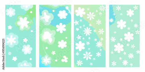 Four vertical panels showcasing abstract floral and swirling patterns