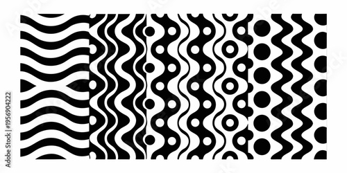 Optical illusion featuring wavy black and white patterns in a square format