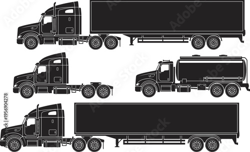 Heavy truck silhouette set featuring semi trailer trucks, tanker truck, and cargo haulers for logistics, freight transportation, and industrial delivery services