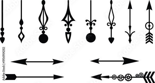 Vintage decorative arrow and clock hand shapes collection, ornate pointer direction symbols set isolated on light background