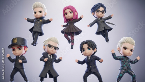 Group of 3D Chibi Pop Idol Characters Posing