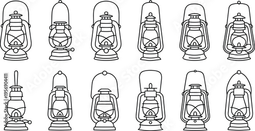 Vintage kerosene lantern line art vector set, classic oil lamp camping light collection retro outline illustration