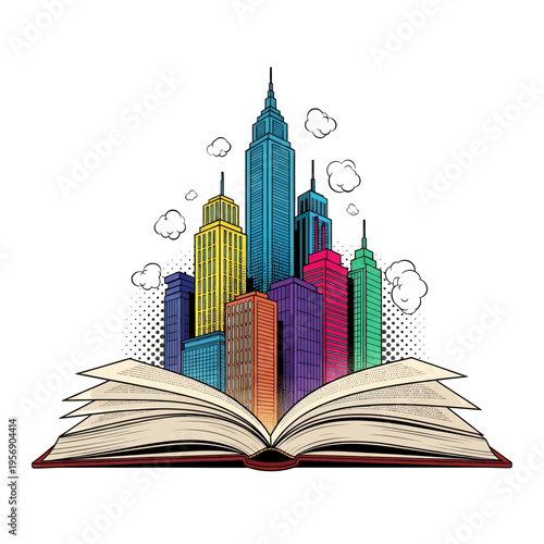 Open Book Cityscape Illustration Fantasy World Pop Art Design Creative Storytelling Magic Adventure Learning Education Visual Art