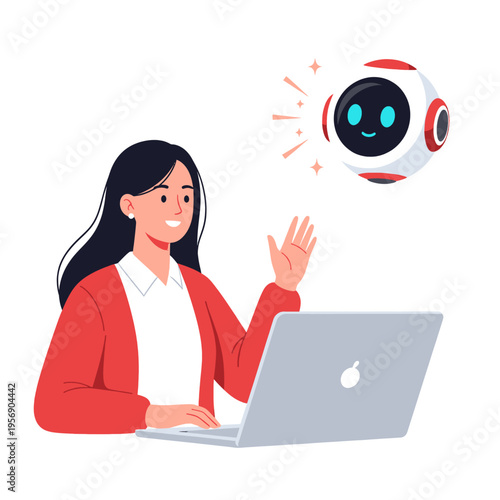 Woman Interacting with Robot Assistant on Laptop - AI Technology Illustration for Business and Digital Workflow Concepts