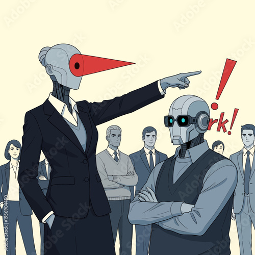 Robotic Boss Scolding Employees Cartoon Illustration - Futuristic Workplace Humor and Corporate Satire Scene
