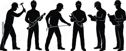 Construction workers silhouette set with engineers and builders holding spirit level, measuring tape, hammer, wrench, and blueprints for industrial project planning