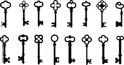Vintage skeleton keys vector set, antique door key silhouettes collection old metal locksmith security symbols illustration