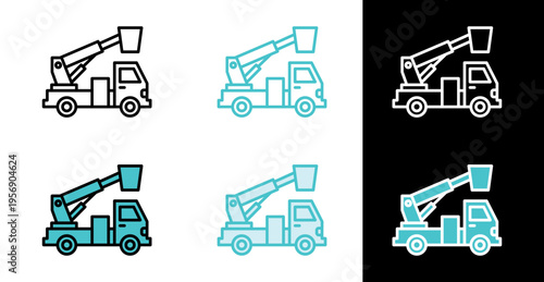 Cherry picker service truck icon for aerial work and tree trimming in line and fill style