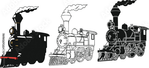 Vintage steam locomotive train set with smoke stack, classic railway engine illustrations in silhouette and line art style