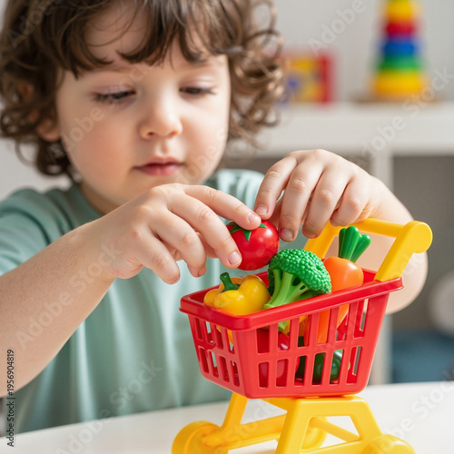 Young child playing with toy shopping cart filled with plastic vegetables  