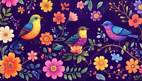 Cute vector illustration of a seamless pattern featuring cartoon birds and flowers on tree branches with hearts for a romantic spring nature decoration