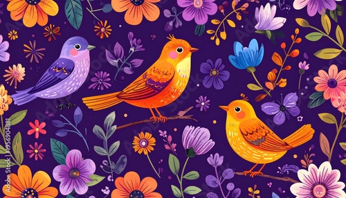 Cute vector illustration of a seamless pattern featuring cartoon birds and flowers on tree branches with hearts for a romantic spring nature decoration