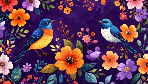 Cute vector illustration of a seamless pattern featuring cartoon birds and flowers on tree branches with hearts for a romantic spring nature decoration