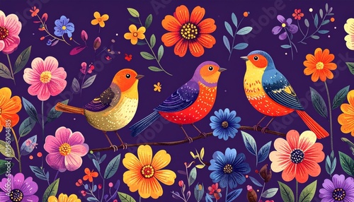 Cute vector illustration of a seamless pattern featuring cartoon birds and flowers on tree branches with hearts for a romantic spring nature decoration