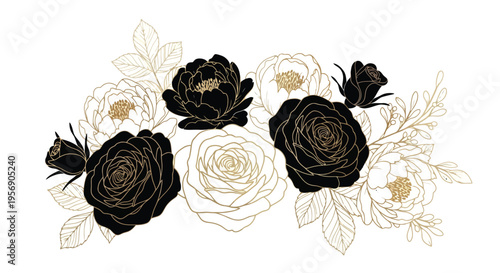 Elegant floral arrangement featuring black and gold roses with delicate leaves