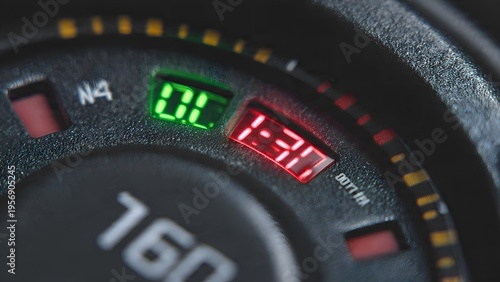 Close-up view of a car dashboard with digital displays showing green '0.L.' and red '1:30' indicators, alongside a partial analog gauge.