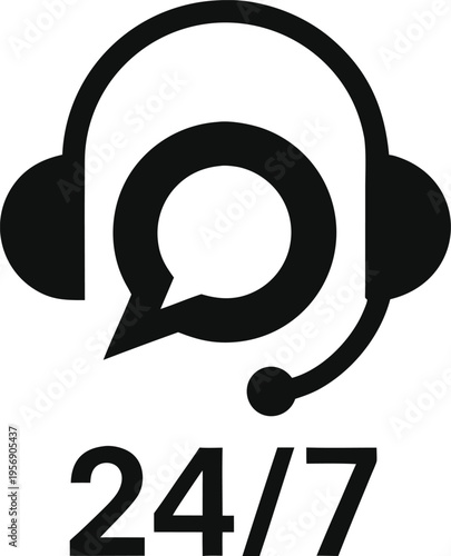 A minimalist black icon representing twenty four seven customer service support with headset
