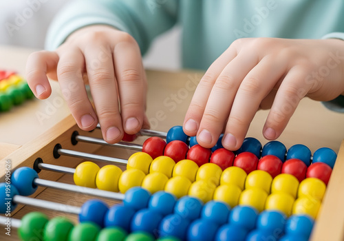 Child using an abacus to learn counting with colorful beads  