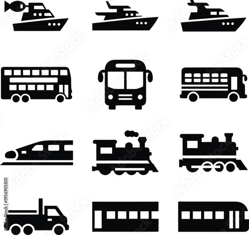 Black and white of various vehicles and airplane helicopter
