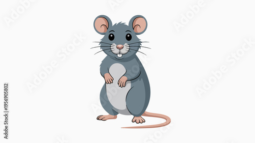 Cute cartoon mouse standing on hind legs looking friendly and curious on white background