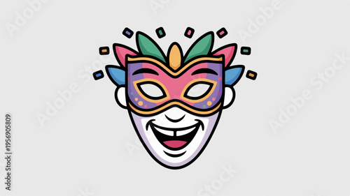 Colorful mardi gras mask with feathers and confetti on gray background festive carnival face paint design