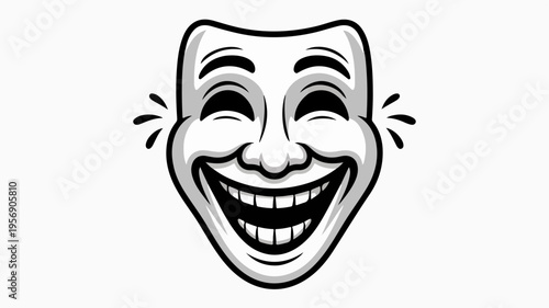 Comical theatrical mask with exaggerated smiling face and expressive eyebrows on white background conveying joy and humor in a cartoonish style