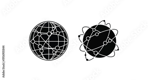 Two abstract black and white globes with interconnected nodes and lines
