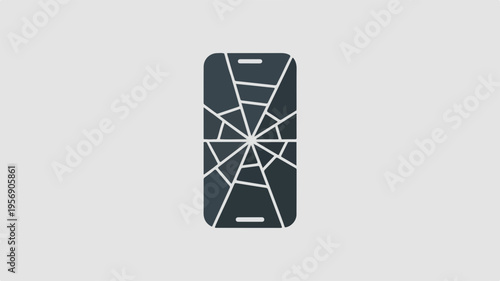 Cracked smartphone screen with shattered glass on a gray background broken mobile phone display